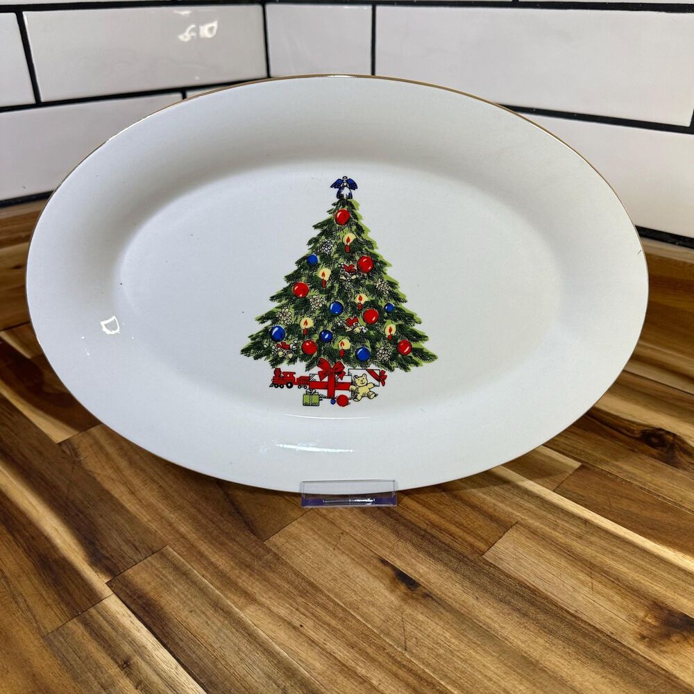 Vintage Trisa Porcelain Christmas Tree 14" Oval Platter, Holiday Serving Dish